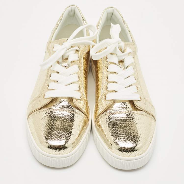 Pre Owned Christian Louboutin Gold Crackled Leather Vieira Sneakers Size 40
