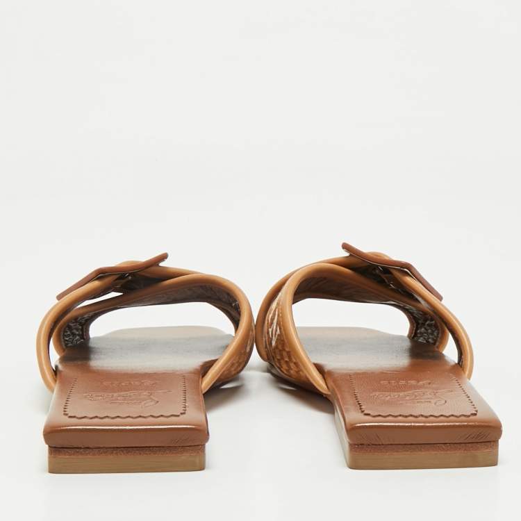 Pre Owned Christian Louboutin Brown Logo Canvas and Leather Crossimule Flat Slides Size 38