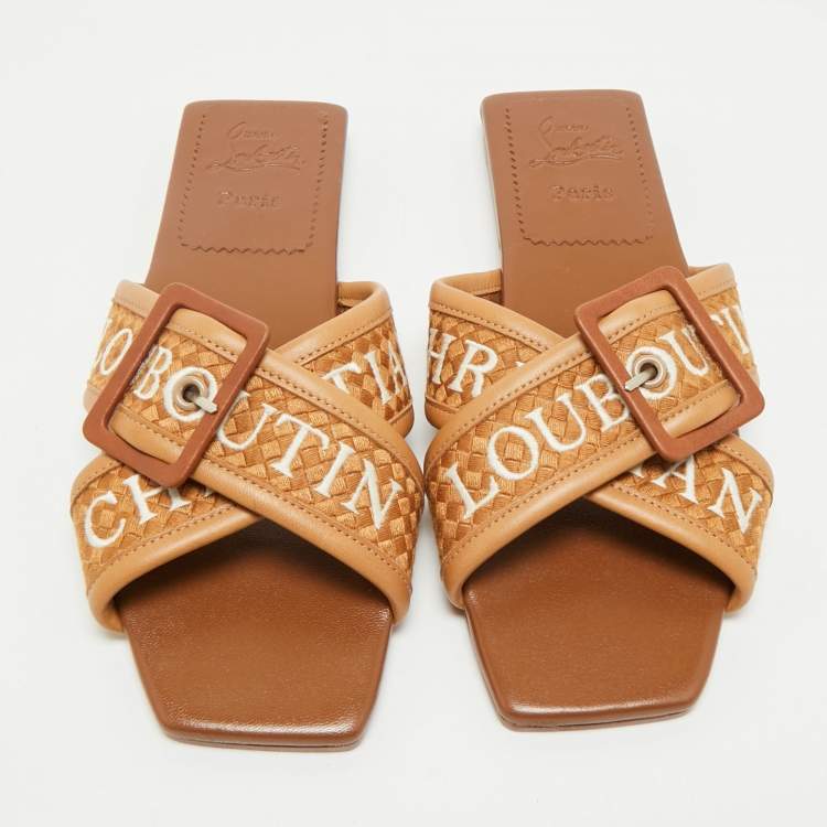 Pre Owned Christian Louboutin Brown Logo Canvas and Leather Crossimule Flat Slides Size 38