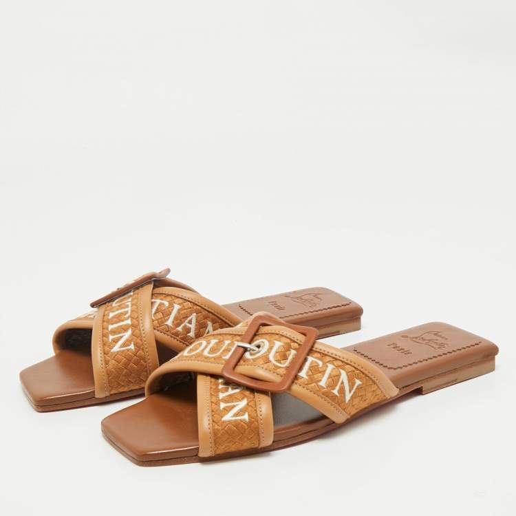 Pre Owned Christian Louboutin Brown Logo Canvas and Leather Crossimule Flat Slides Size 38
