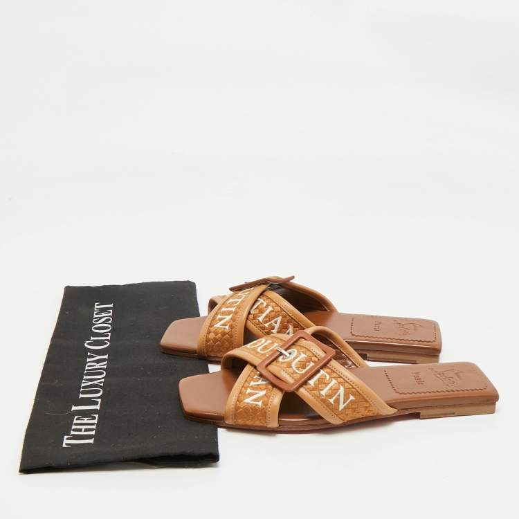 Pre Owned Christian Louboutin Brown Logo Canvas and Leather Crossimule Flat Slides Size 38