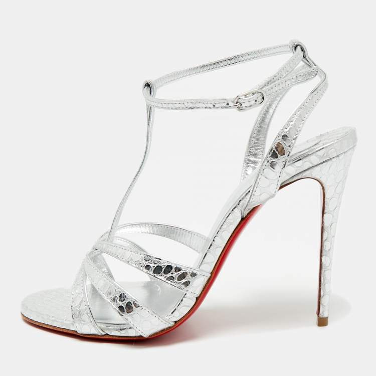 Pre Owned Christian Louboutin Silver Croc Embossed Leather Tangueva Ankle Strap Sandals Size 36
