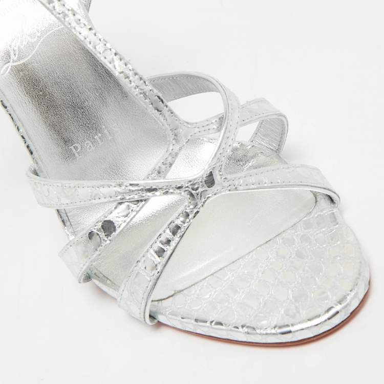Pre Owned Christian Louboutin Silver Croc Embossed Leather Tangueva Ankle Strap Sandals Size 36