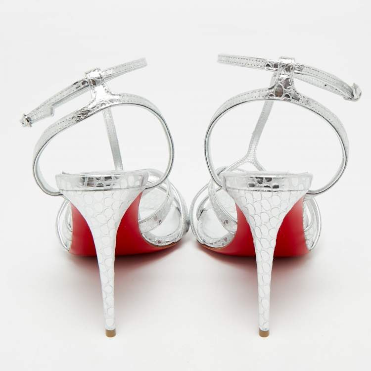 Pre Owned Christian Louboutin Silver Croc Embossed Leather Tangueva Ankle Strap Sandals Size 36