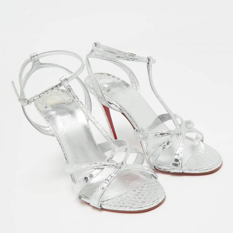 Pre Owned Christian Louboutin Silver Croc Embossed Leather Tangueva Ankle Strap Sandals Size 36