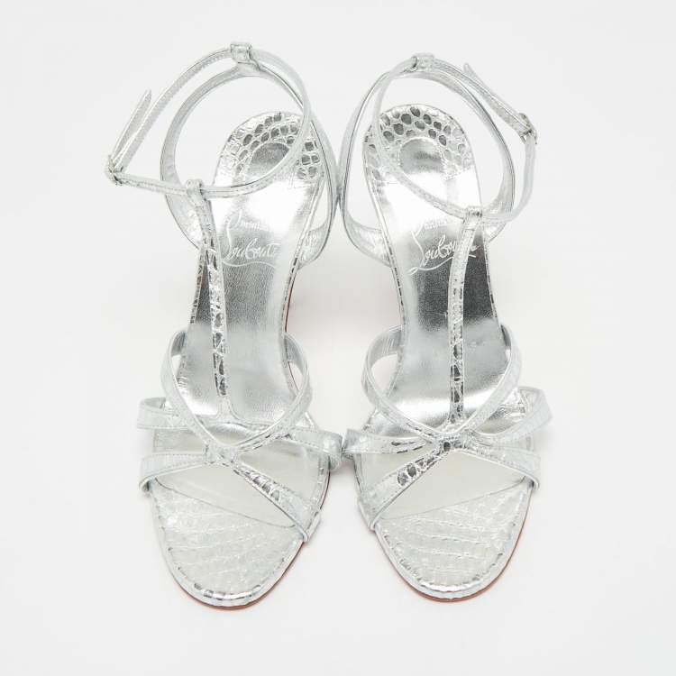 Pre Owned Christian Louboutin Silver Croc Embossed Leather Tangueva Ankle Strap Sandals Size 36