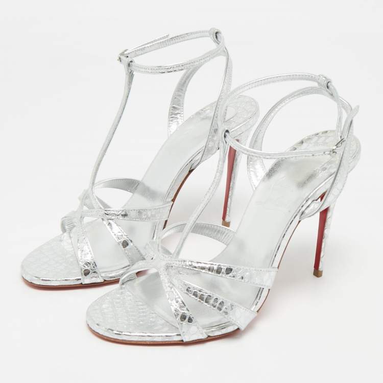 Pre Owned Christian Louboutin Silver Croc Embossed Leather Tangueva Ankle Strap Sandals Size 36