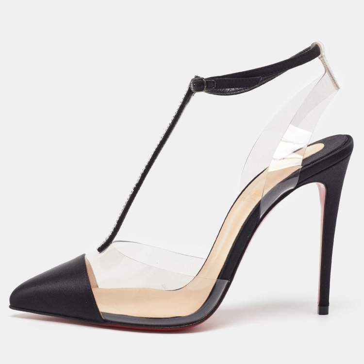 Pre Owned Christian Louboutin Black/Transparent Satin and PVC Nosy T-Strap Sandals Size 36