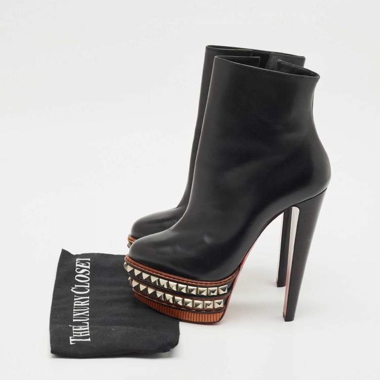 Pre Owned Christian Louboutin Black Leather Faolo Studded Platform Ankle Boots Size 40