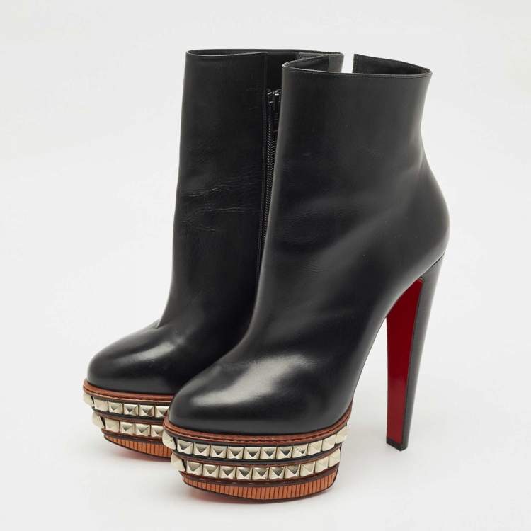 Pre Owned Christian Louboutin Black Leather Faolo Studded Platform Ankle Boots Size 40