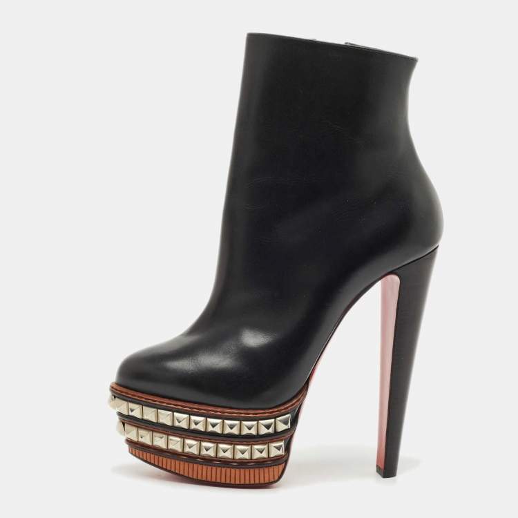 Pre Owned Christian Louboutin Black Leather Faolo Studded Platform Ankle Boots Size 40
