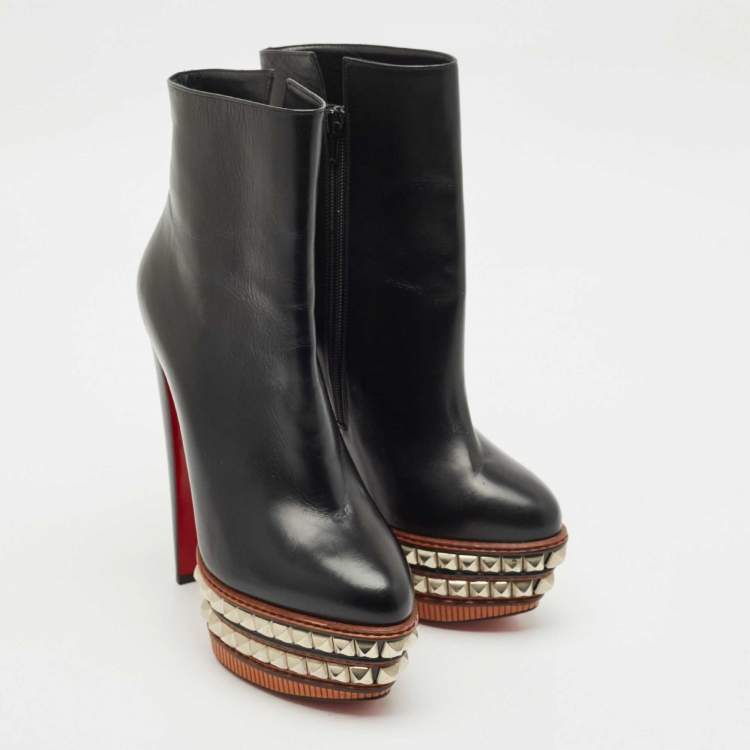 Pre Owned Christian Louboutin Black Leather Faolo Studded Platform Ankle Boots Size 40