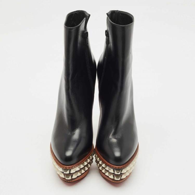 Pre Owned Christian Louboutin Black Leather Faolo Studded Platform Ankle Boots Size 40
