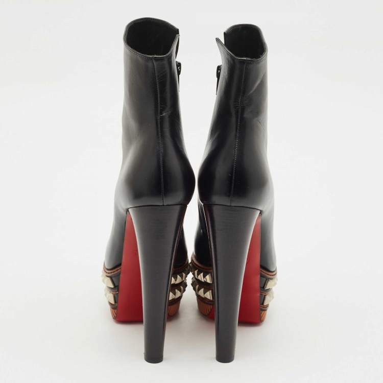 Pre Owned Christian Louboutin Black Leather Faolo Studded Platform Ankle Boots Size 40