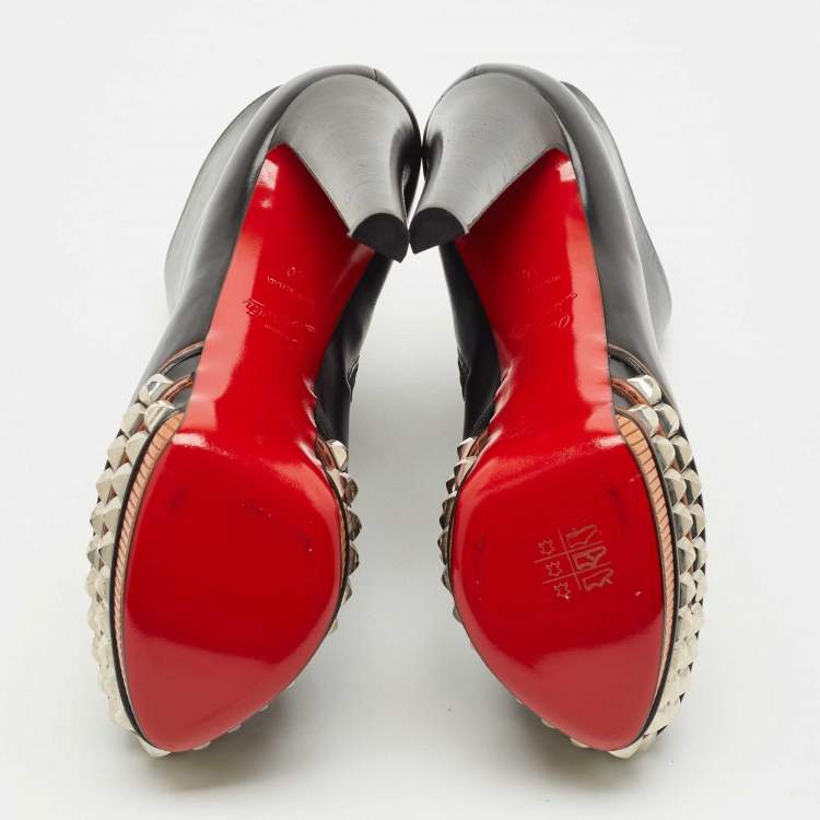 Pre Owned Christian Louboutin Black Leather Faolo Studded Platform Ankle Boots Size 40