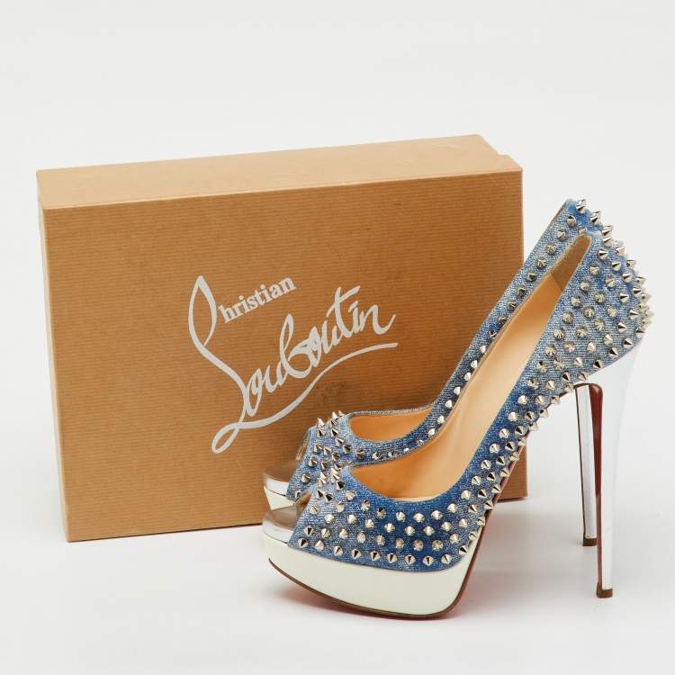 Pre Owned Christian Louboutin Blue/White Denim Spikes Lady Peep Platform Pumps Size 41