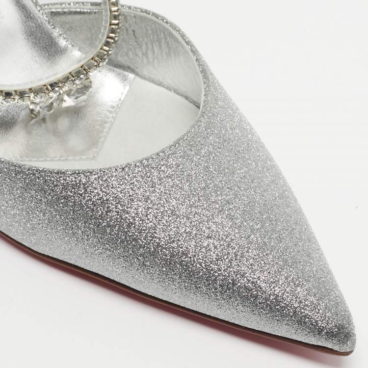 Pre Owned Christian Louboutin Silver Glitter Planet Queen Mules Size 39.5