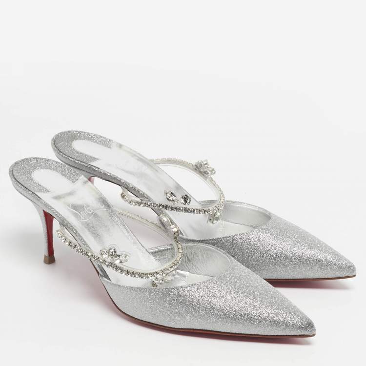 Pre Owned Christian Louboutin Silver Glitter Planet Queen Mules Size 39.5