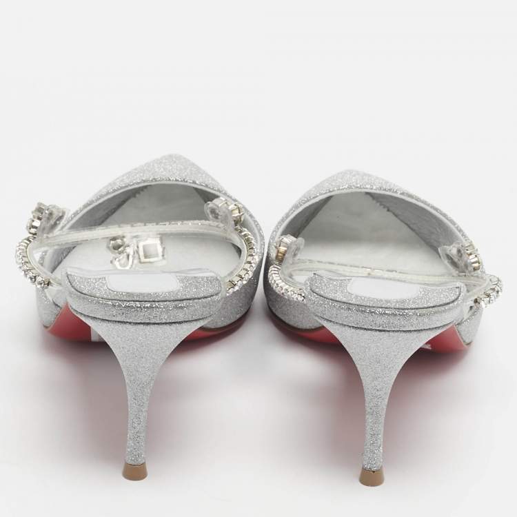 Pre Owned Christian Louboutin Silver Glitter Planet Queen Mules Size 39.5