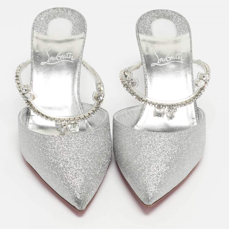 Pre Owned Christian Louboutin Silver Glitter Planet Queen Mules Size 39.5