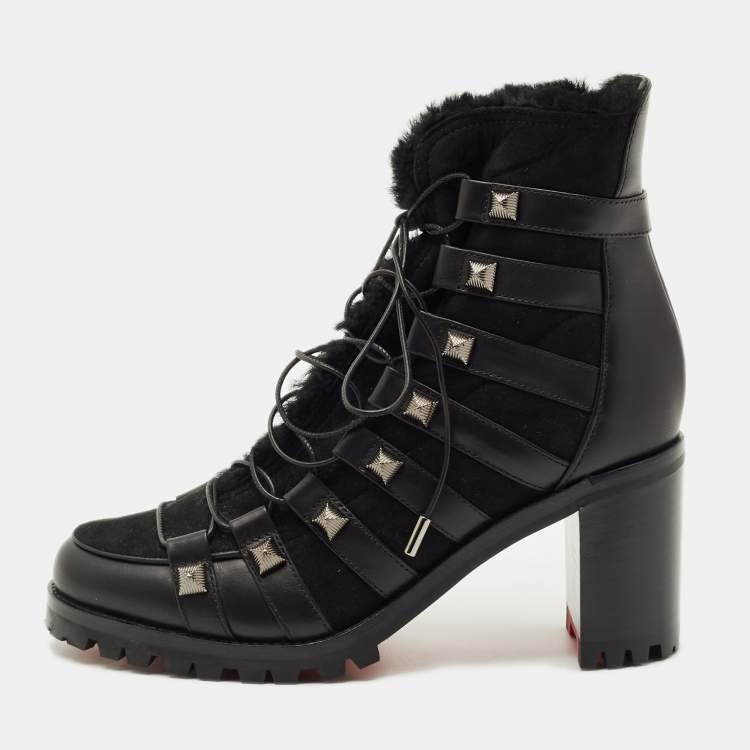 Pre Owned Christian Louboutin Black Suede and Leather Chaletta Ankle Boots Size 37