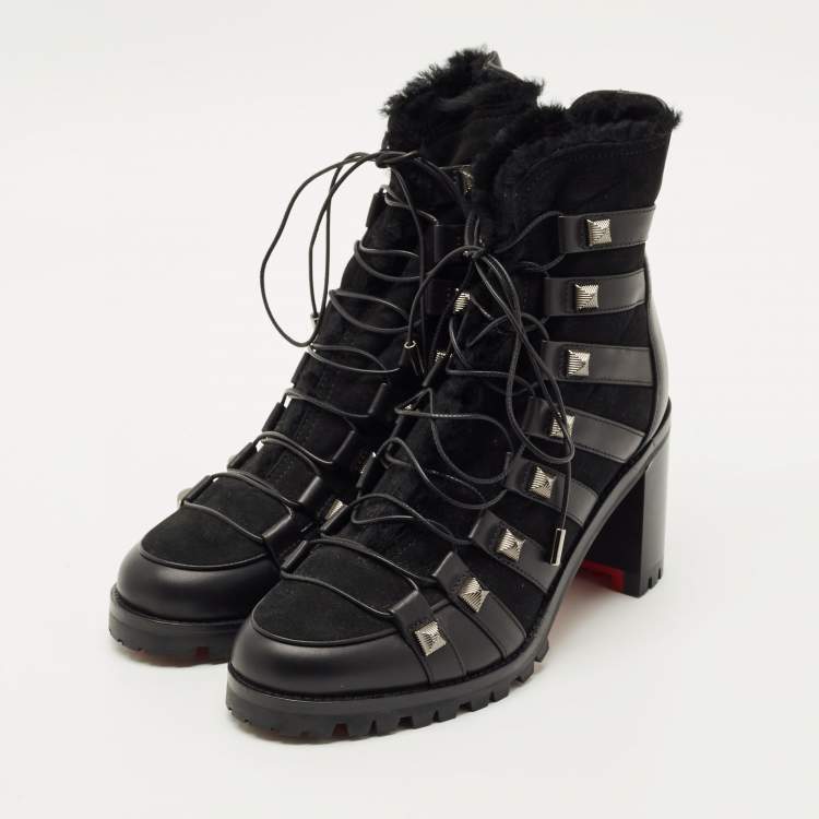 Pre Owned Christian Louboutin Black Suede and Leather Chaletta Ankle Boots Size 37