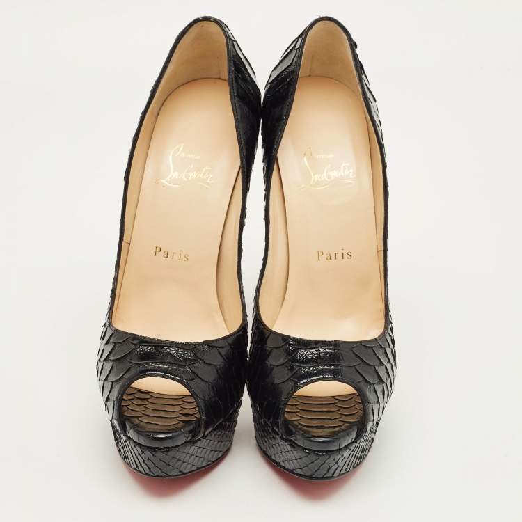 Pre Owned Christian Louboutin Black Python Leather Lady Peep Peep Toe Platform Pumps Size 39