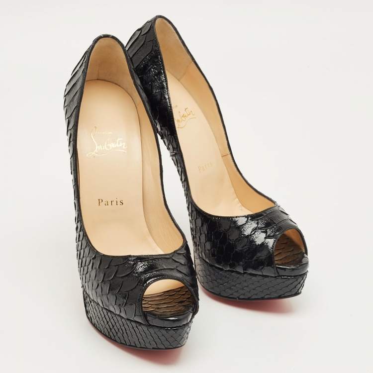Pre Owned Christian Louboutin Black Python Leather Lady Peep Peep Toe Platform Pumps Size 39