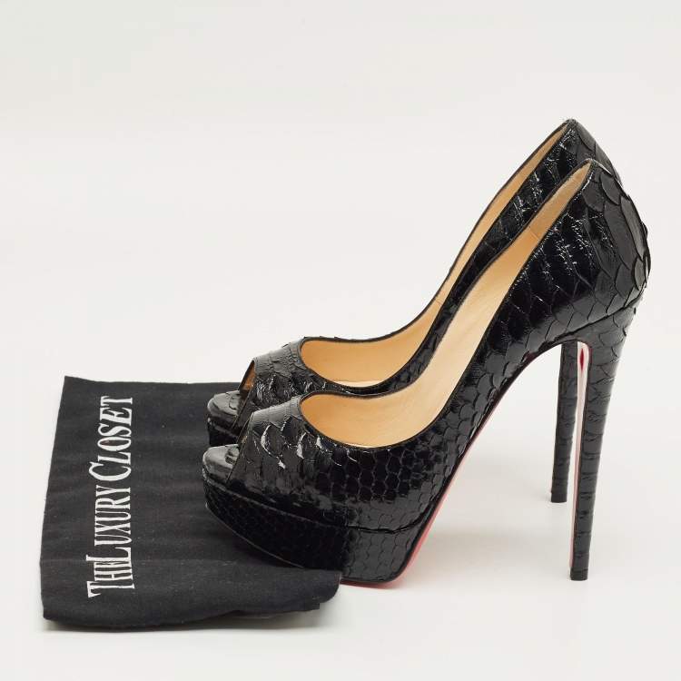 Pre Owned Christian Louboutin Black Python Leather Lady Peep Peep Toe Platform Pumps Size 39