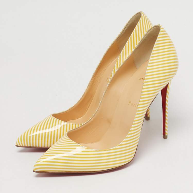 Pre Owned Christian Louboutin Yellow/White Stripes Patent Leather Pigalle Follies Pumps Size 40.5