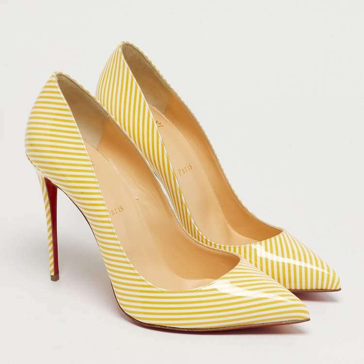 Pre Owned Christian Louboutin Yellow/White Stripes Patent Leather Pigalle Follies Pumps Size 40.5