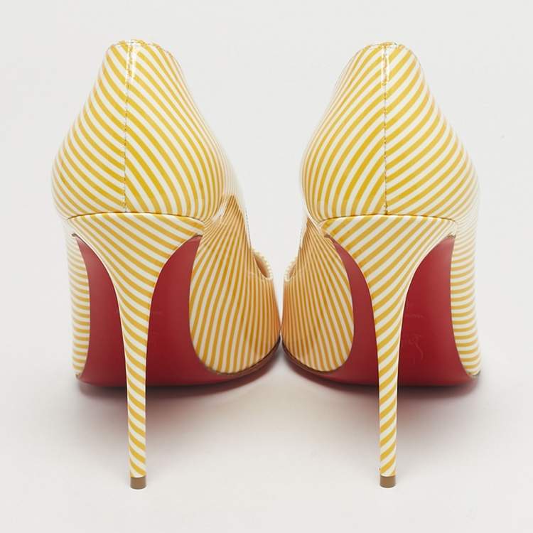 Pre Owned Christian Louboutin Yellow/White Stripes Patent Leather Pigalle Follies Pumps Size 40.5