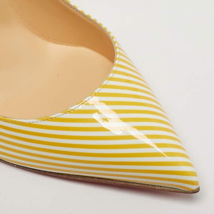 Pre Owned Christian Louboutin Yellow/White Stripes Patent Leather Pigalle Follies Pumps Size 40.5