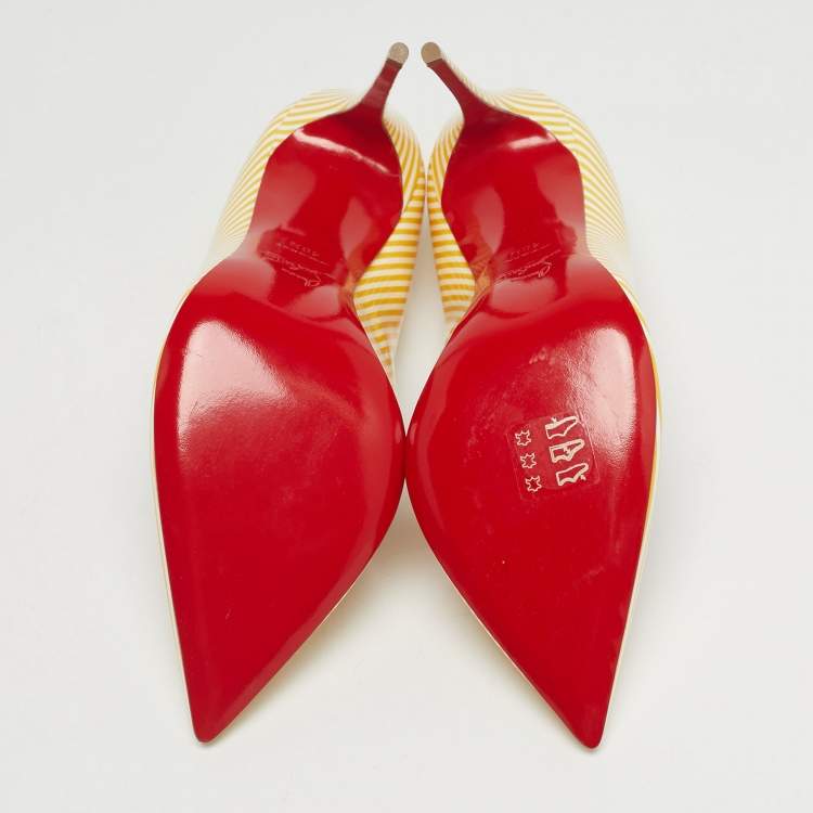 Pre Owned Christian Louboutin Yellow/White Stripes Patent Leather Pigalle Follies Pumps Size 40.5
