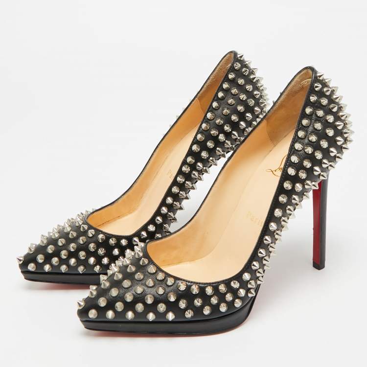 Pre Owned Christian Louboutin Pigalle Plato Spike Size 39 Black Leather Platform Pumps