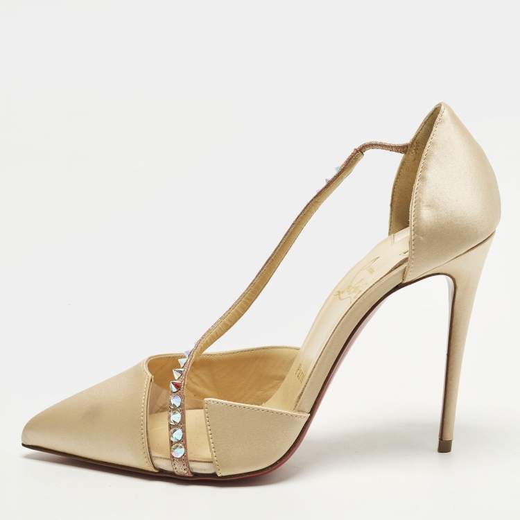 Pre Owned Christian Louboutin Krystal Cross Size 38 Beige PVC and Satin D'orsay Pumps