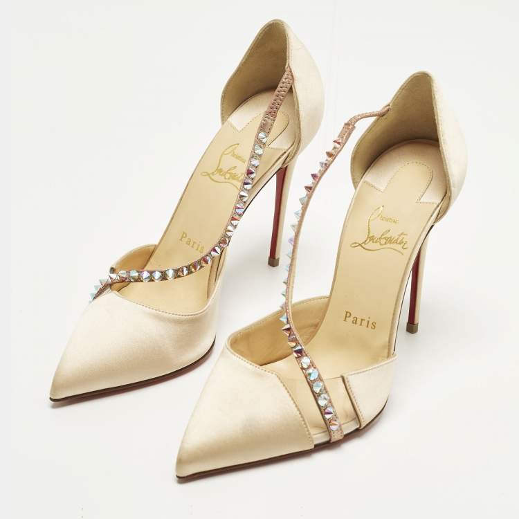 Pre Owned Christian Louboutin Krystal Cross Size 38 Beige PVC and Satin D'orsay Pumps