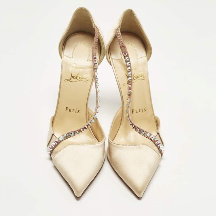 Pre Owned Christian Louboutin Krystal Cross Size 38 Beige PVC and Satin D'orsay Pumps