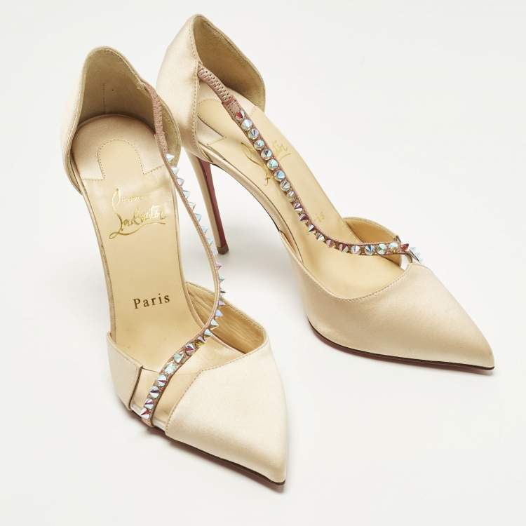 Pre Owned Christian Louboutin Krystal Cross Size 38 Beige PVC and Satin D'orsay Pumps