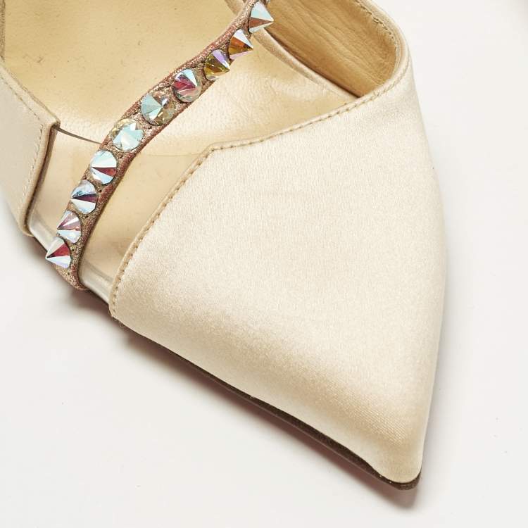 Pre Owned Christian Louboutin Krystal Cross Size 38 Beige PVC and Satin D'orsay Pumps