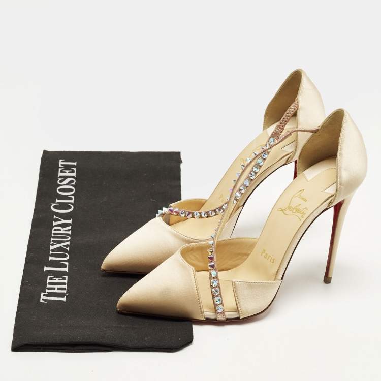 Pre Owned Christian Louboutin Krystal Cross Size 38 Beige PVC and Satin D'orsay Pumps