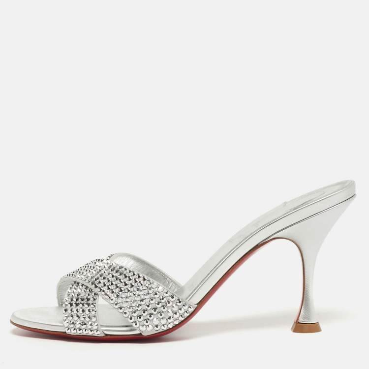 Pre Owned Christian Louboutin Mariza Is Back Crystal Embellished Size 38.5 Silver Suede Slide Sandals