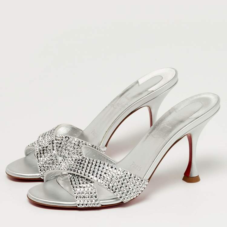 Pre Owned Christian Louboutin Mariza Is Back Crystal Embellished Size 38.5 Silver Suede Slide Sandals
