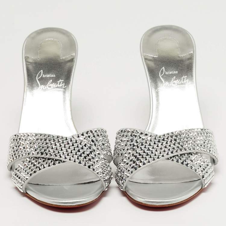 Pre Owned Christian Louboutin Mariza Is Back Crystal Embellished Size 38.5 Silver Suede Slide Sandals