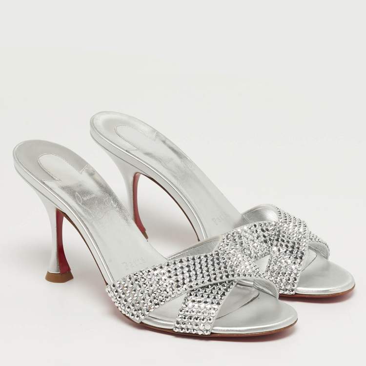Pre Owned Christian Louboutin Mariza Is Back Crystal Embellished Size 38.5 Silver Suede Slide Sandals