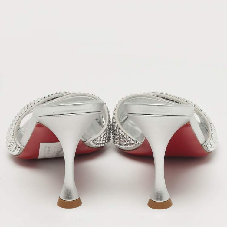 Pre Owned Christian Louboutin Mariza Is Back Crystal Embellished Size 38.5 Silver Suede Slide Sandals