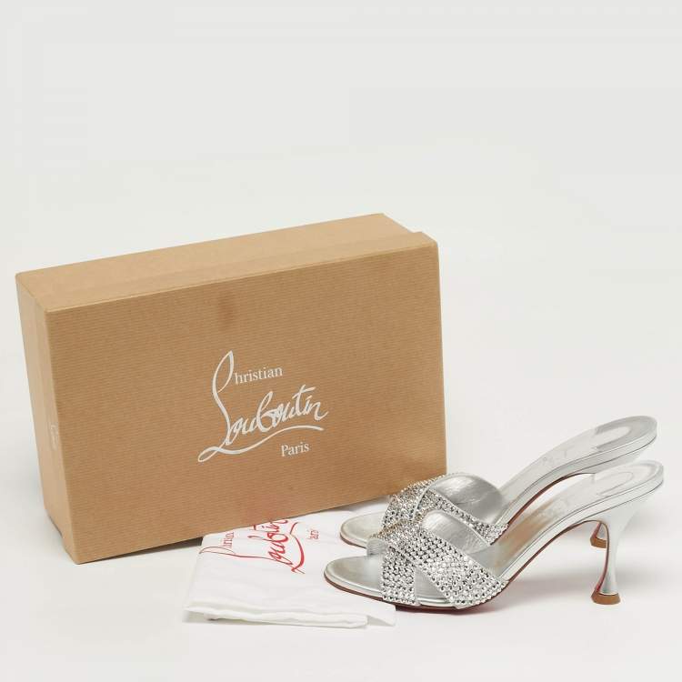 Pre Owned Christian Louboutin Mariza Is Back Crystal Embellished Size 38.5 Silver Suede Slide Sandals