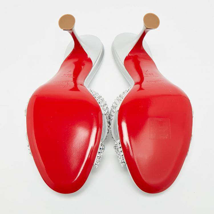 Pre Owned Christian Louboutin Mariza Is Back Crystal Embellished Size 38.5 Silver Suede Slide Sandals