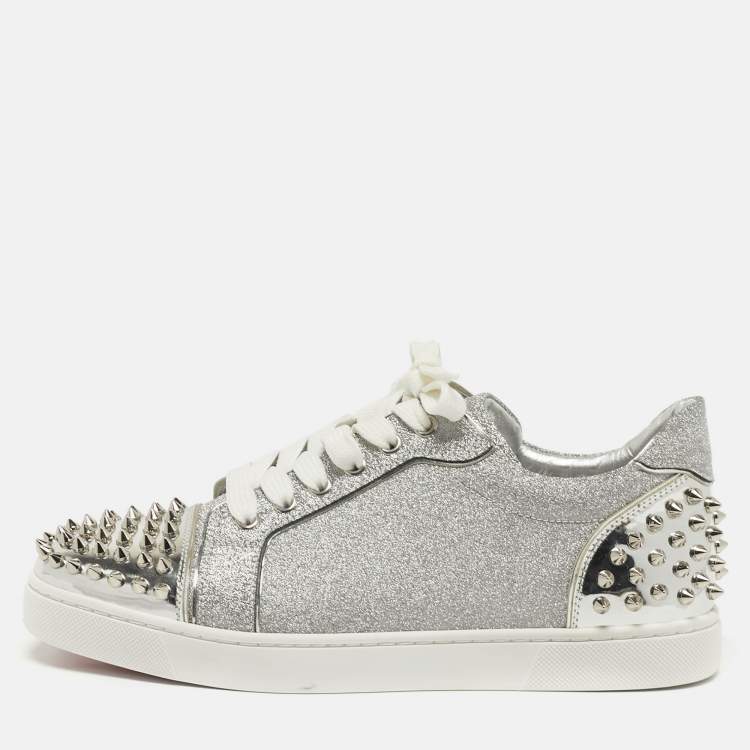 Pre Owned Christian Louboutin Vieira 2 Size 39 Silver Glitter and Patent Leather Lace Up Sneakers