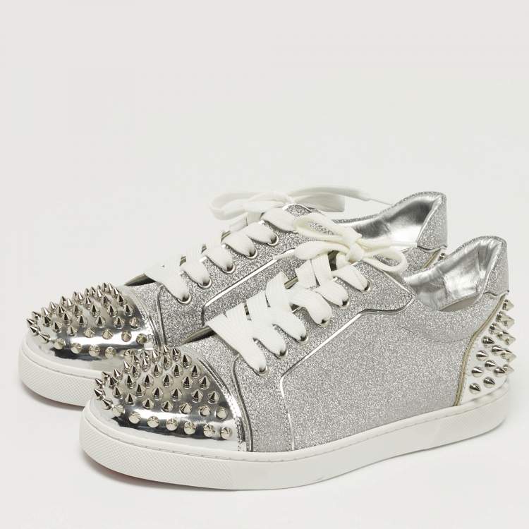 Pre Owned Christian Louboutin Vieira 2 Size 39 Silver Glitter and Patent Leather Lace Up Sneakers